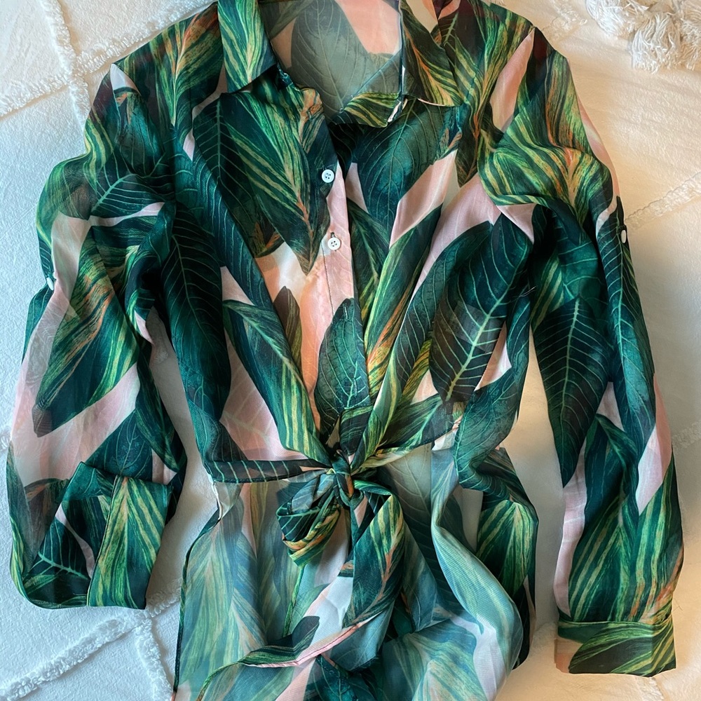 Tropical floral vacation front tie womens blouse S